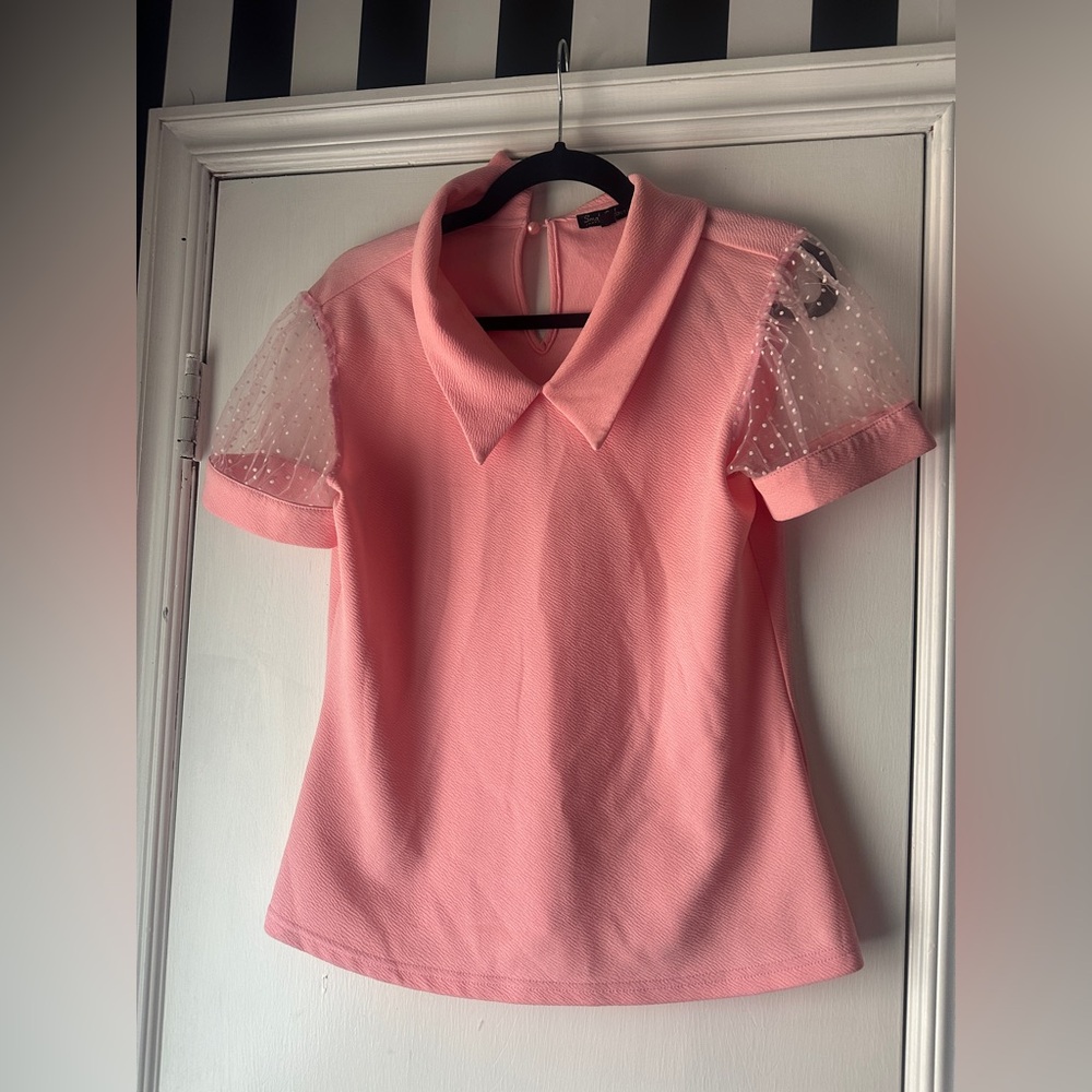 Unique Vintage Pink Collared Top with Sheer Polka Dot Sleeves – Size Large